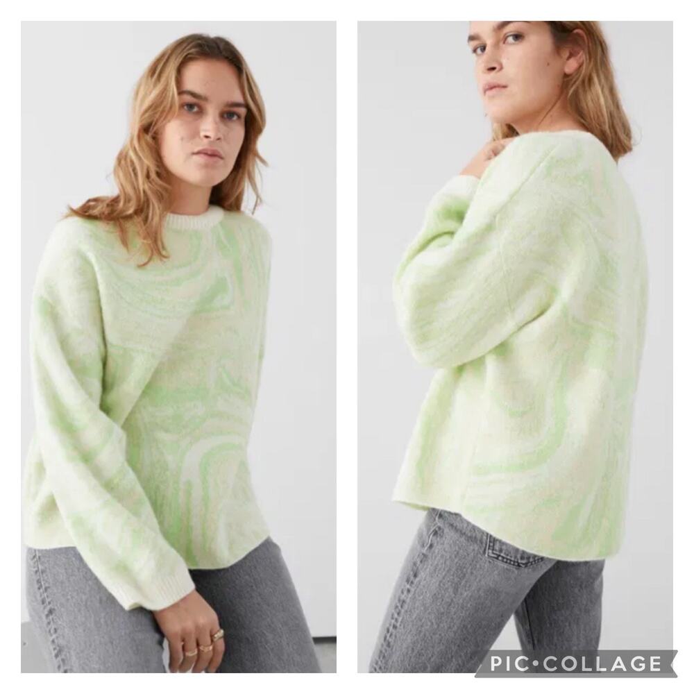 & Other Stories Green Swirl Jacquard Sweater Alpaca Wool Blend Size XS
